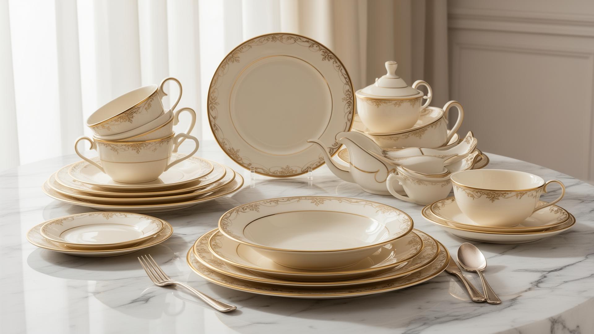 Elegant crockery collection on marble table